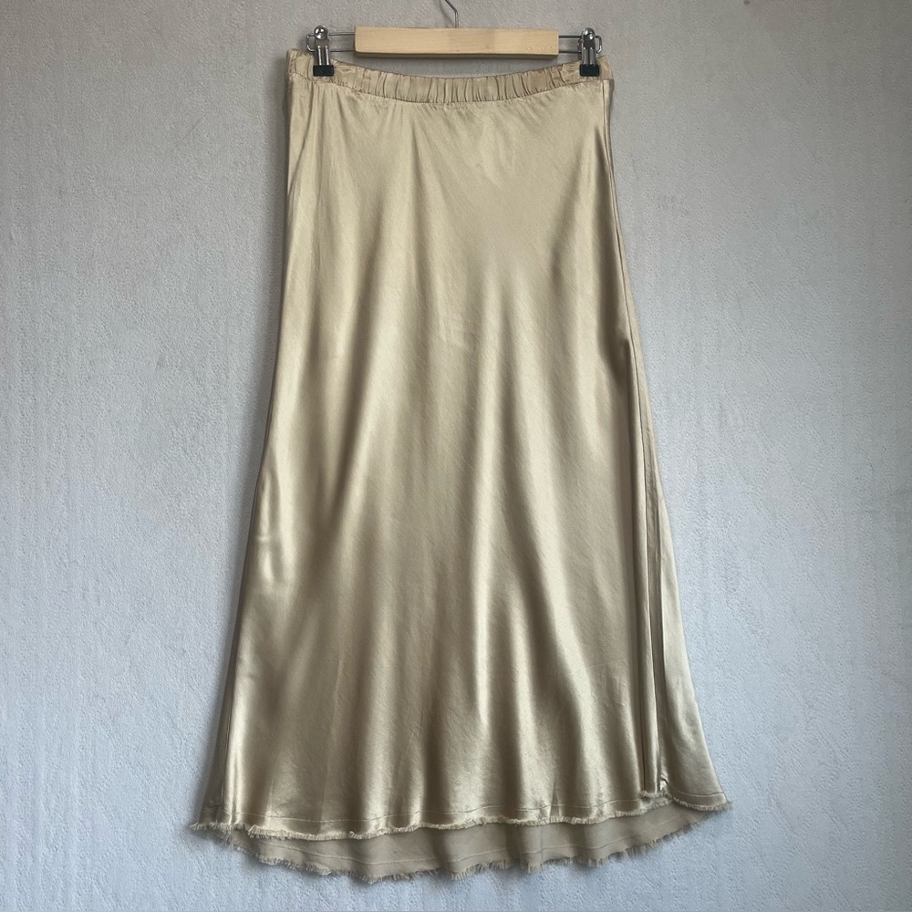 NWT National Ltd Mable Gold Satin Midi Skirt Sz M Bias Cut Elastic Waistband - Picture 2 of 16